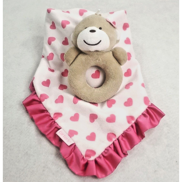 Carters Monkey Rattle Lovey Plush Pink Hearts 12 In Satin Back Security Blanket - Picture 1 of 12